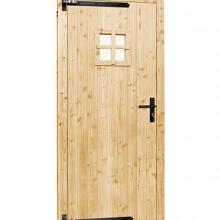 1045637 Vuren dichte enkele deur met ruitje 90x201 cm, rechtsdraaiend, zwarte hengen, zwart beslag, 